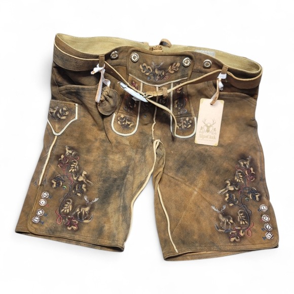 AlpsOak Mens Leather Lederhosen Oktoberfest Trachten Wear Brown Embroidered - Picture 2 of 8